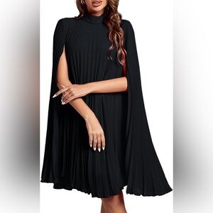 NEW Women's Mock Neck Cloak Sleeve Pleated Keyhole Back, Flowy Party Dress, L